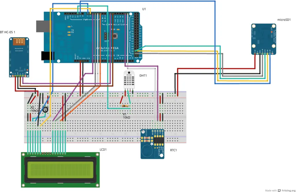 Schematico del nostro progetto di datalogger Bluetooth Arduino per temperatura e umidità
