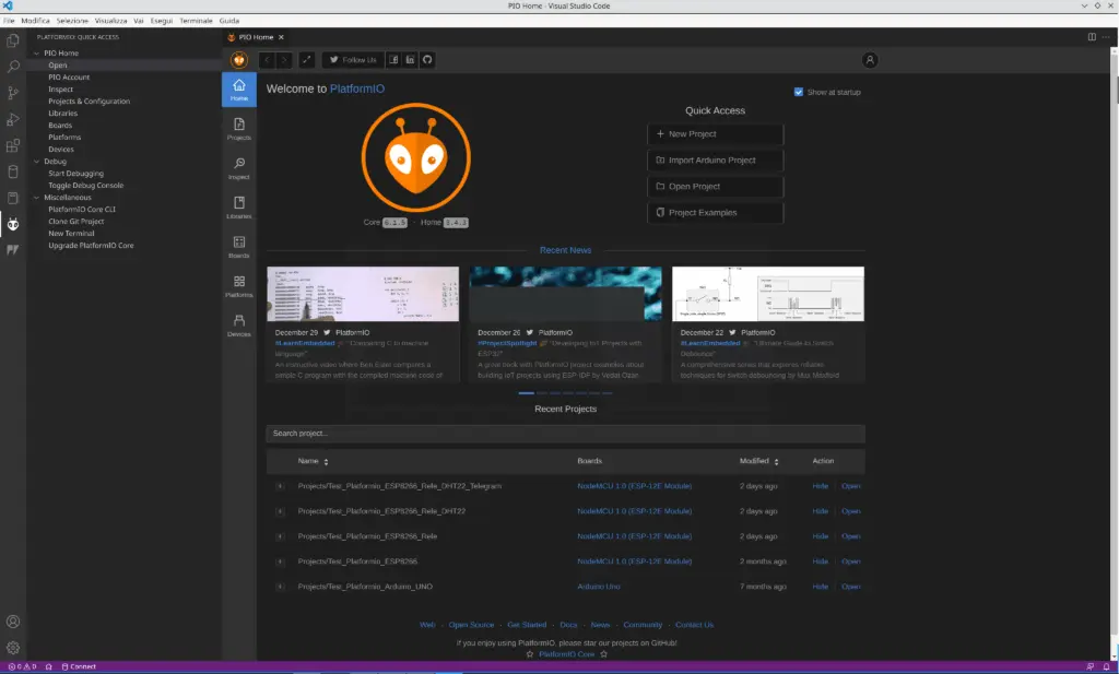 Ecco come si mostra la pagina principale di PlatformIO