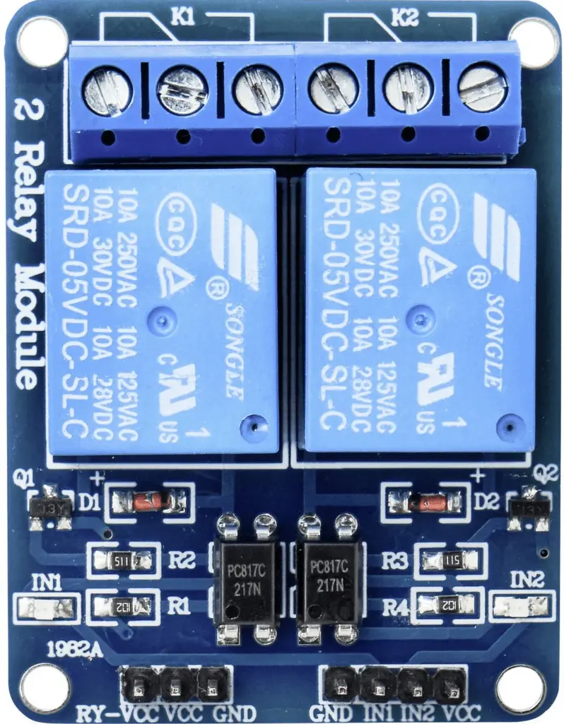 An example of a double opto-isolated relay module used by the ESP8266 Web Data Logger