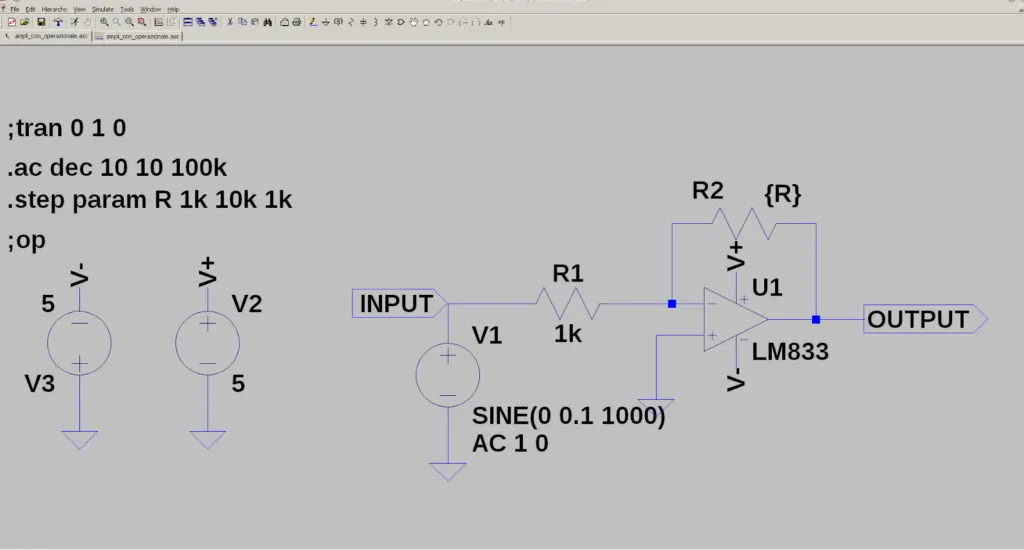 An inverting amplifier simulated with LTSpice
