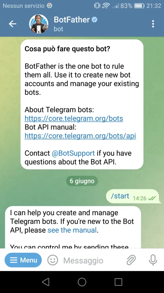 First screenshot of the botFather bot First screenshot of the botFather bot