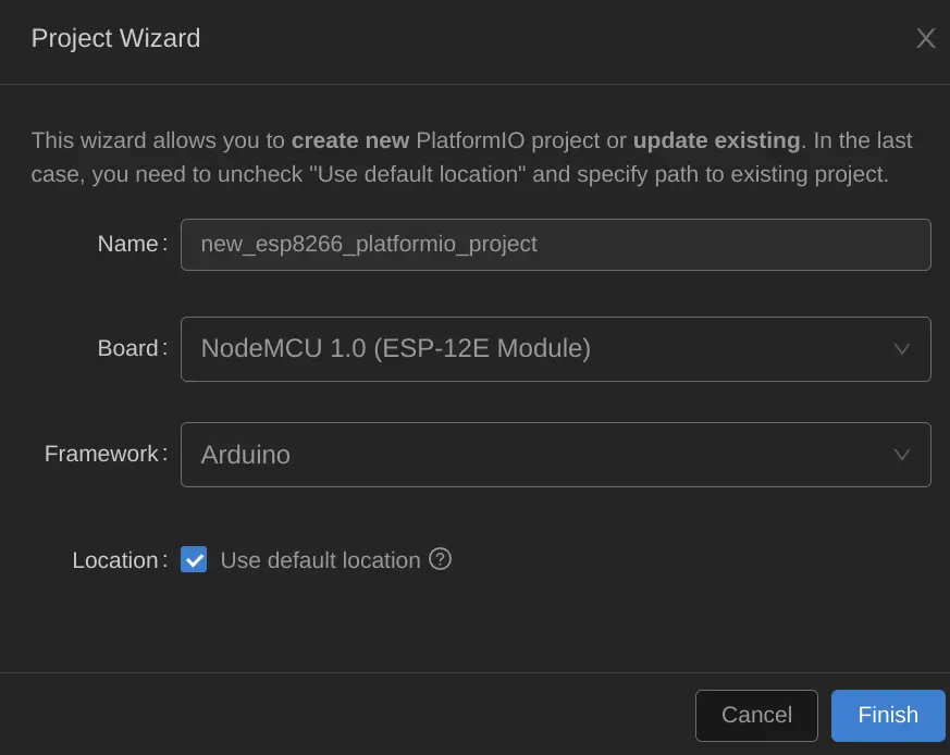 The "Project Wizard" window with all fields filled