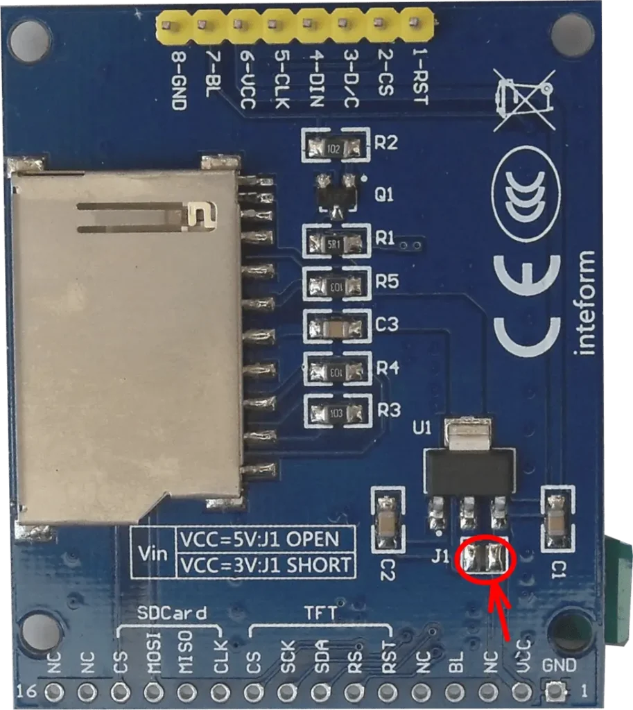 Jumper J1 to be shorted to operate the TFT display at 3.3V