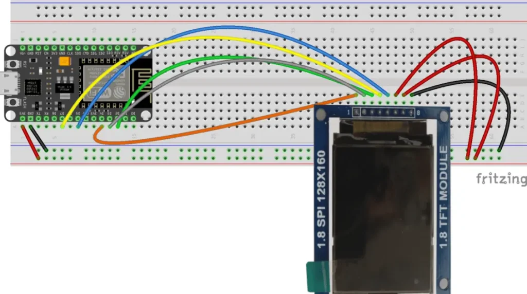 The Fritzing diagram of the weather station project with ESP8266 and TFT display