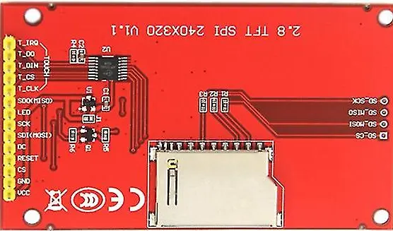 LCD TFT display pinout: On the left side there are connections (top) for the touchscreen and (bottom) for the display. On the right side the connections for the SD card module